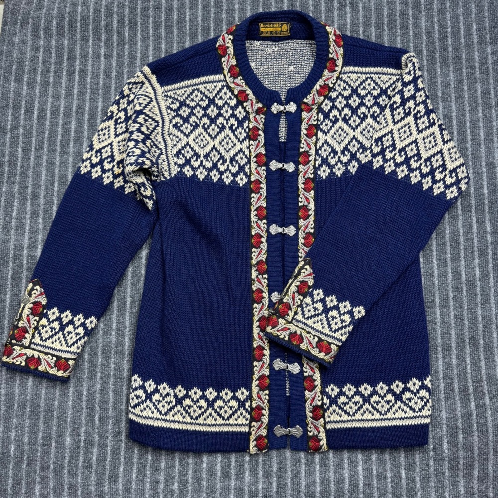 Nordstrikk Cardigan Sweater M Navy Blue Good Wool Clasp Fair Isle Norway (2183)